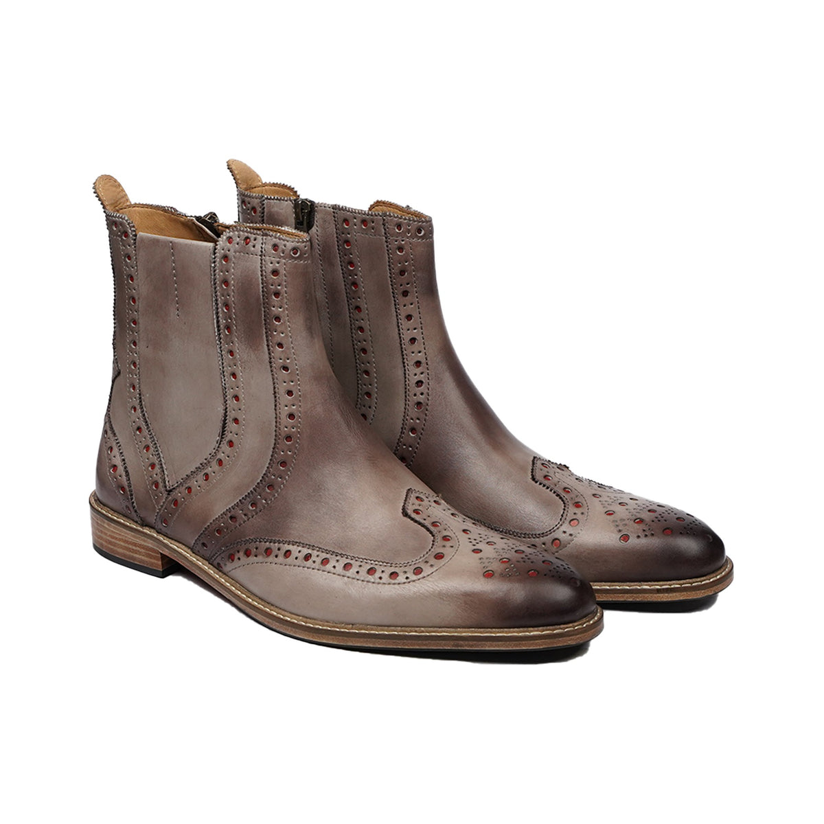 Taupe Brown Wingtip Chelsea Boots by Don Velmaro